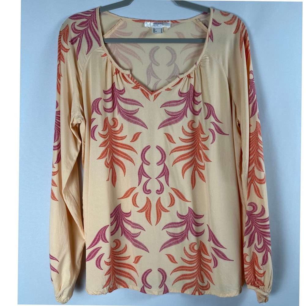 LASCANA for Venus Boho Blouse Women Small Peach Botanical Print Coastal Peasant